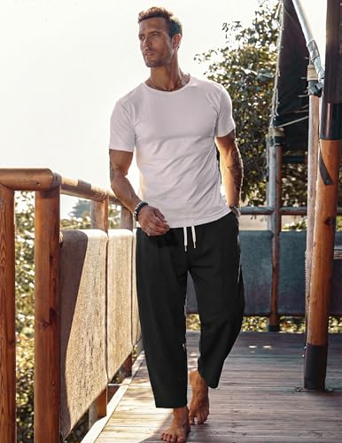 COOFANDY Medium Black Cotton Linen Harem Pants with Pockets - Casual Cropped Trousers for Men