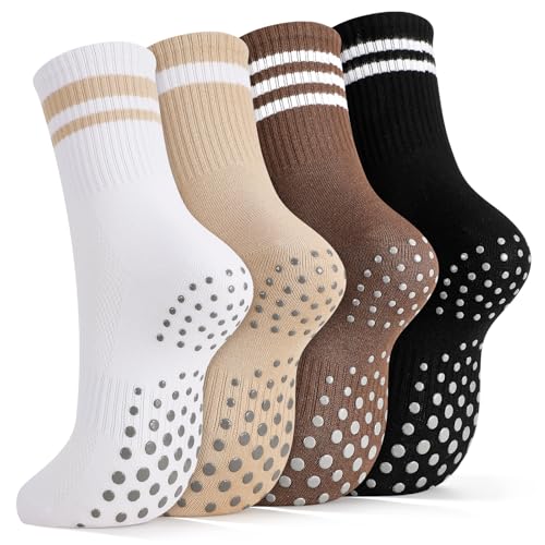 Pilates Grip Socks for Women - Striped 4 Pairs in White, Khaki, Brown, Black