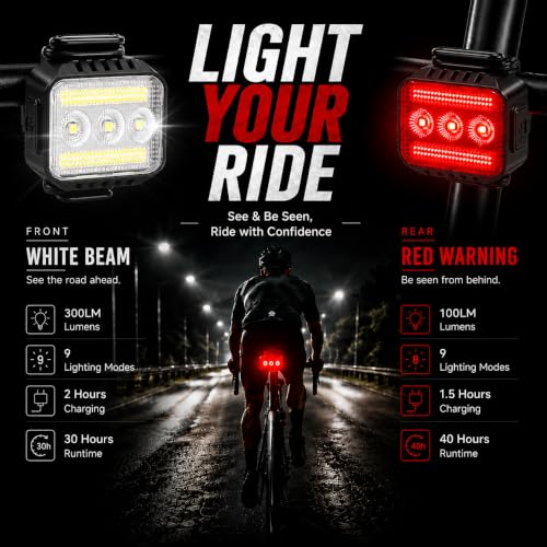 Rechargeable Bike Lights Set - Front & Back - Black - 9+9 Modes