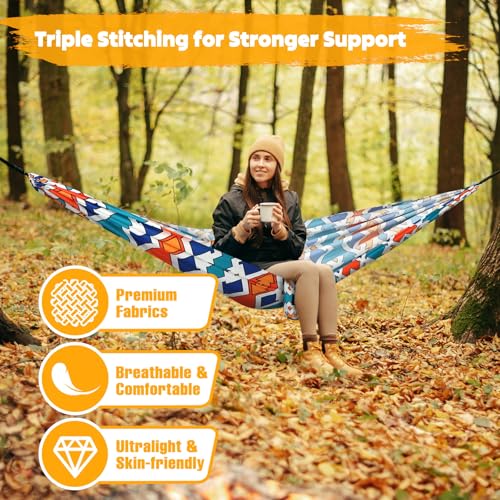 NATUREFUN Colorful Geometry Travel Camping Hammock 275x140cm Ultra-Light, Breathable, Quick-Drying with Carabiners & Straps