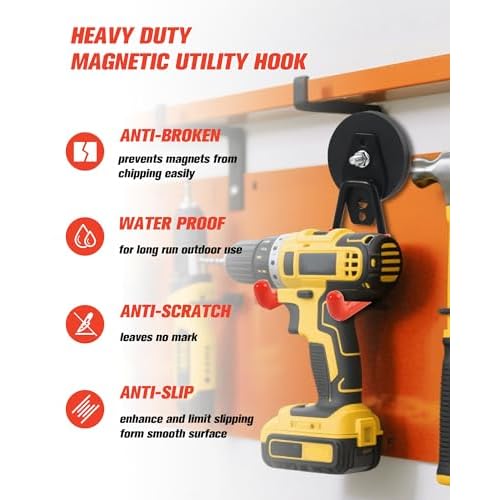 Magnets Garage Storage Hooks 4 Pack - Orange Magnet Hooks for Hanging Tools, Garage Organization, Secure Metal Cabinet & Steel Surfaces