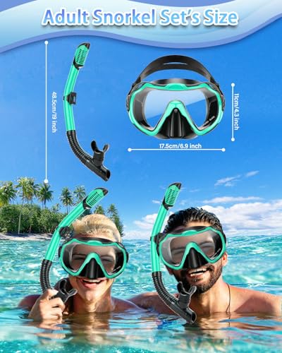 Adult Snorkeling Gear Set - Panoramic Anti-Fog Mask & Dry Snorkel - Malachite Green