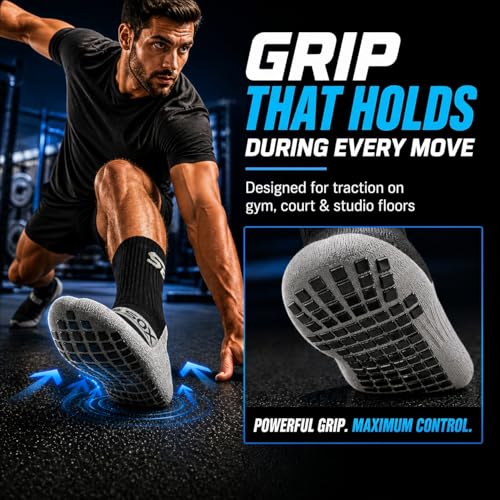 Athletic Non-Slip Grip Socks for Men - Black (2-Pair Set)