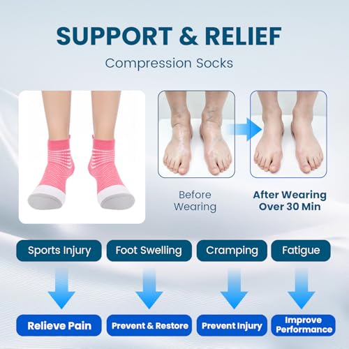 Compression Ankle Support Socks for Women - Wicking, Cushioned, 3 Pack in Pink, Purple & Light Blue
