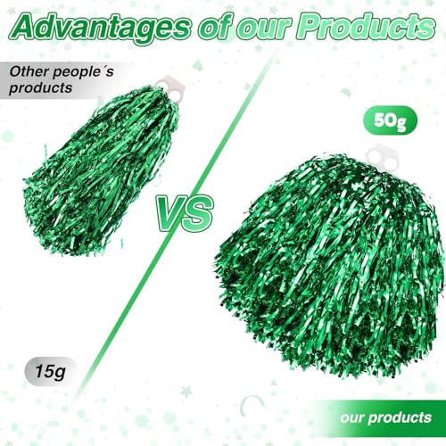 Green Cheerleading Pom Poms XL Hand Flowers 2-Pack - Sparkling Metallic Foil for Sports & Events