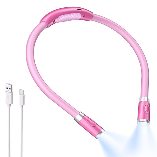 LUXJET Neck Reading Light & Book Light for Reading in Bed - Hands Free, 6 Brightness Levels, 360° Flexible Arms, 80-Hour Rechargeable - Reading, Knitting, Camping, Repairing (Pink-New)