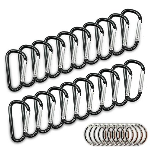 20-Piece Mini Aluminum D-Shape Carabiner Set with 10 Metal Key Rings