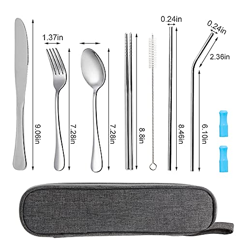 Portable Stainless Steel Travel Utensils Set - 8 Pieces, Silver