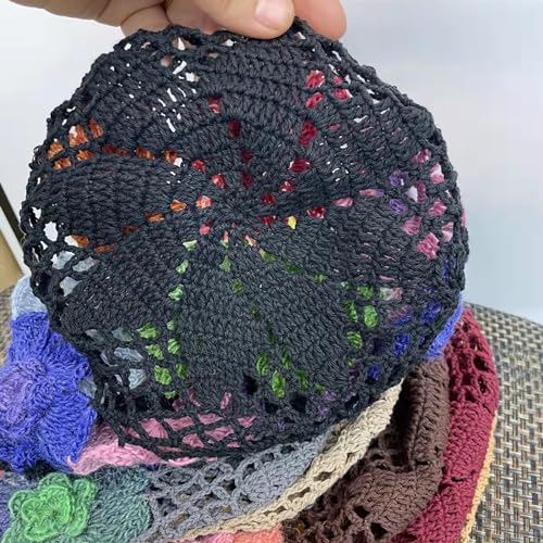 CORIRESHA One Size Black Crochet Flower Beanie Hat for Women – Handmade Cotton Summer Slouch