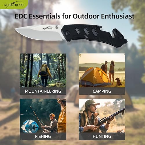 ALBATROSS Classic Multifunction Pocket Folding Knife with Bottle Opener¡¢Glass Hammer and Rope Cutter, Satin Coated Blade and Aluminum Handle£¬£¬Christmas Gift for Men Women,AS-23265 (Black)
