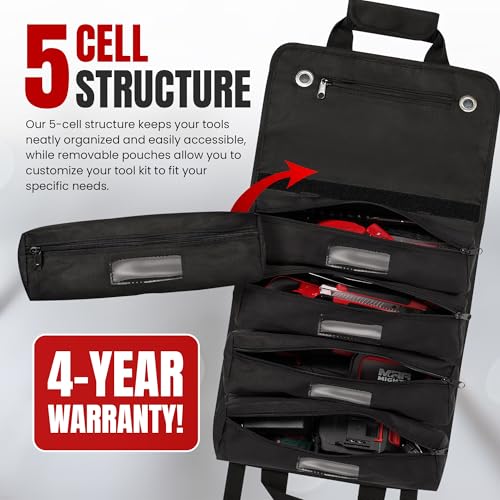 Tool Roll Bag Organizer with Magnetic Plate ? Heavy Duty Polyester, Ideal Gifts For Men, Portable Tool Roll Up Bag with 5 Large Pouches & 4 Tool Strap ? Black (26 Inches)