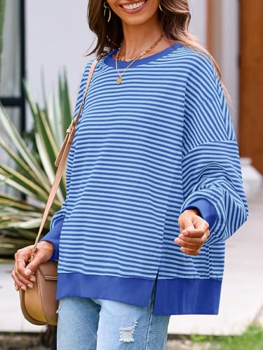 Women's Oversized Waffle Knit Sweatshirt - Medium Blue