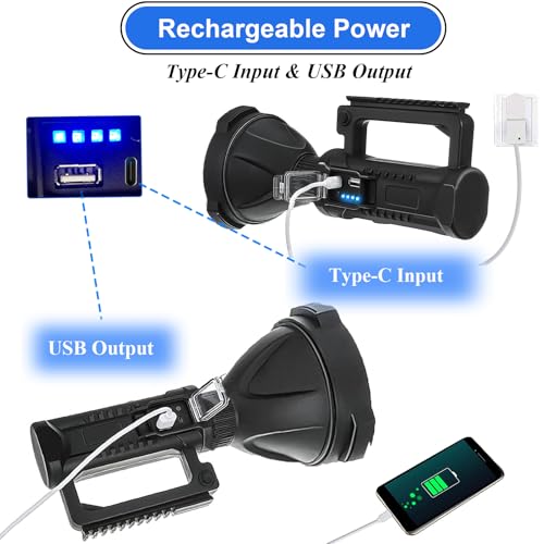 Rechargeable Spotlight Outdoor Handheld Flashlight 2,000,000L, Super Bright Led High Lumens Spot Light with Adjustable Tripod, 4 Modes Battery Powered with USB C, Waterproof for Boat, Camping