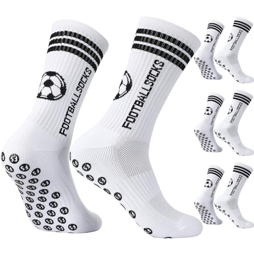 Anti-Slip Athletic Soccer Socks - 3 Pairs, Grip Pads - White, Size 5-8