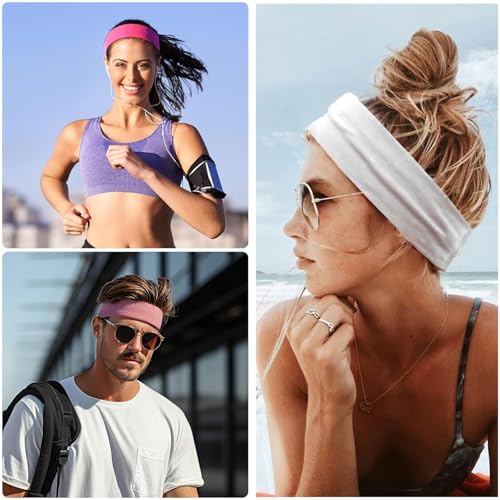 3 Pack Elastic Sport Headbands for Women - Non-Slip Yoga Hair Bands - White+Pink+Rose Red