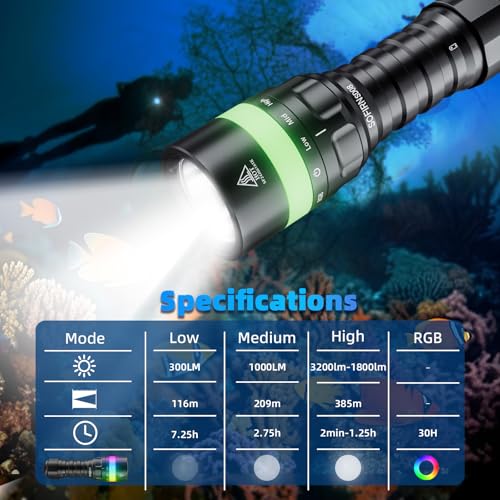 Sofirn SD08 3200lm Dive Light – IPX8 Waterproof Underwater Torch with RGB Ring, 100m Depth