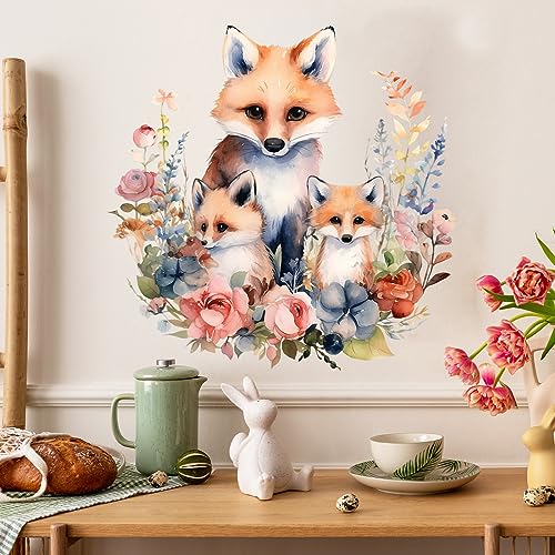 Watercolor Fox Family with Flowers Wall Decal Adorable Nursery Animal Wall Sticker Removable Waterproof Easy Peel and Stick Perfect for Kids Baby Room Classroom Living Room Bedroom Preschool