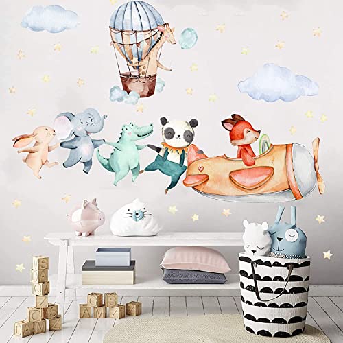 TOARTI Airplane Animal Wall Sticker, Colorful Baby Room Wall Sticker, Cartoon Animals for Children's Room, Adorable Elephant Giraffe Panda Wall Decal for Kids Bedroom Wall Decoration