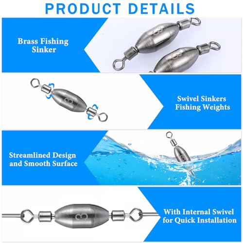 Brass Fishing Sinker Swivel Weights - 2/5 oz, 20 Pack