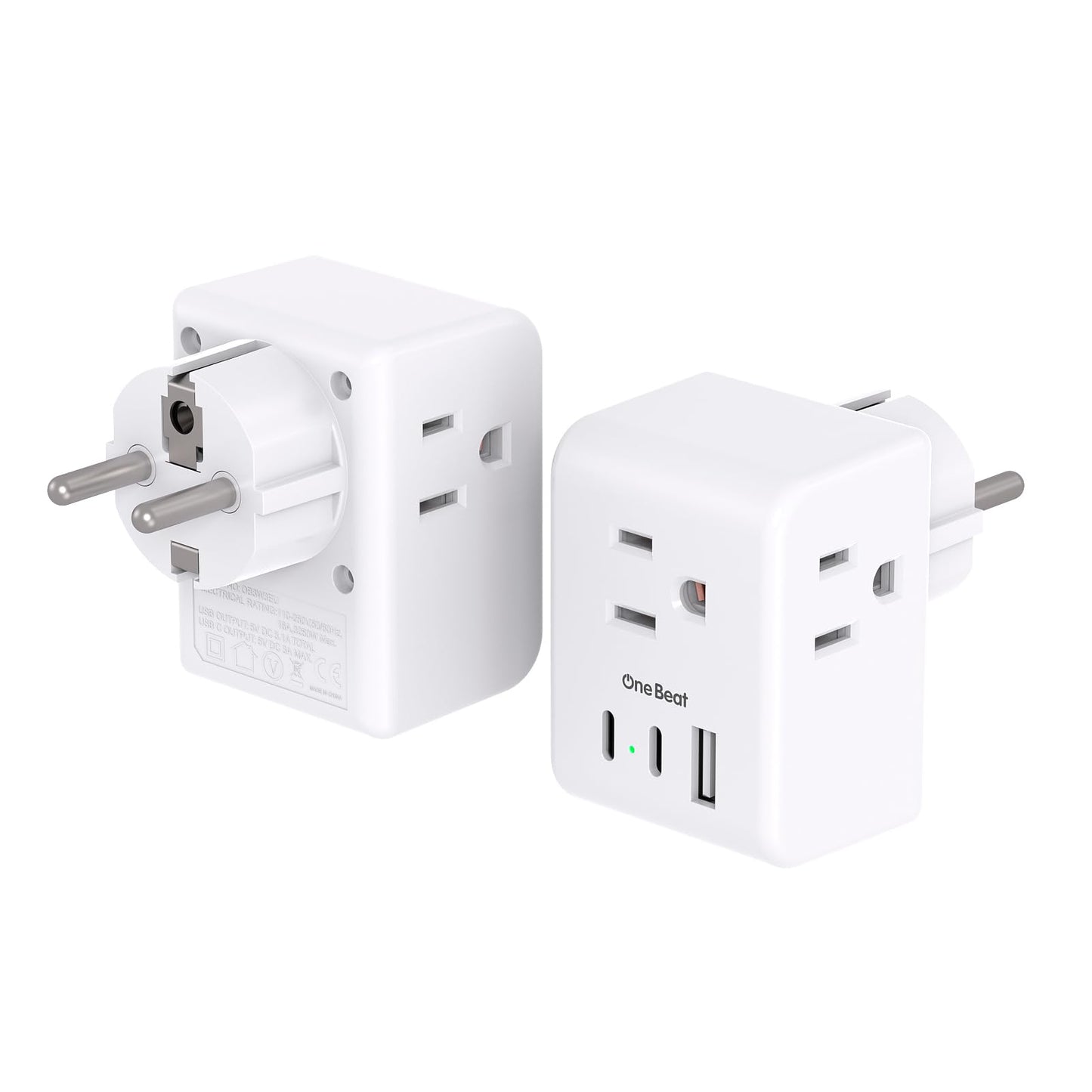 2 Pack Germany France Travel Plug Adapter with 3 Outlets 1 USBA 2 USB C, One Beat Type E/F International Power Adapter, Travel Essentials US to Europe France Germany South Korea Netherlands