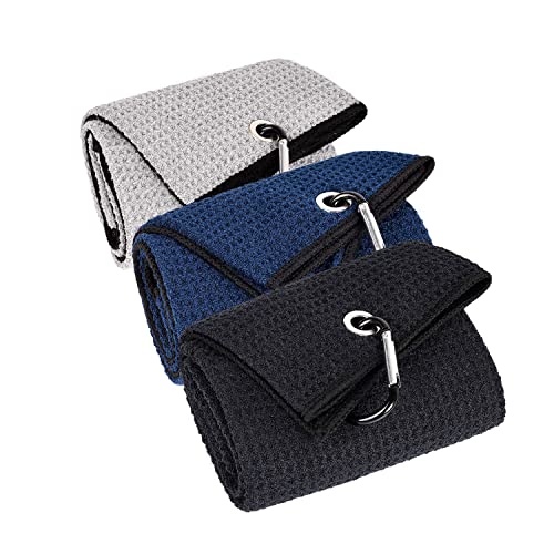 Large Microfiber Golf Towels - 3 Pack, 16" x 24" - Black, Grey, Navy Blue