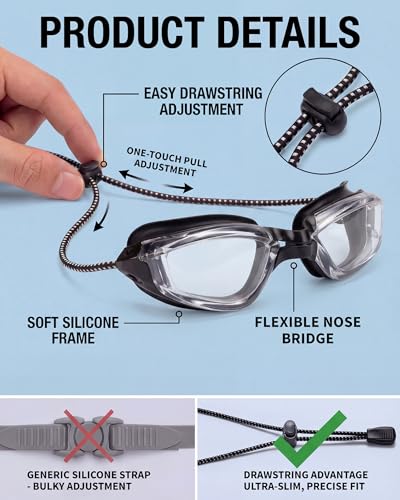 Swim Goggles for Adults & Youth - No Leaking, Full Protection - Transparent Black/Clear