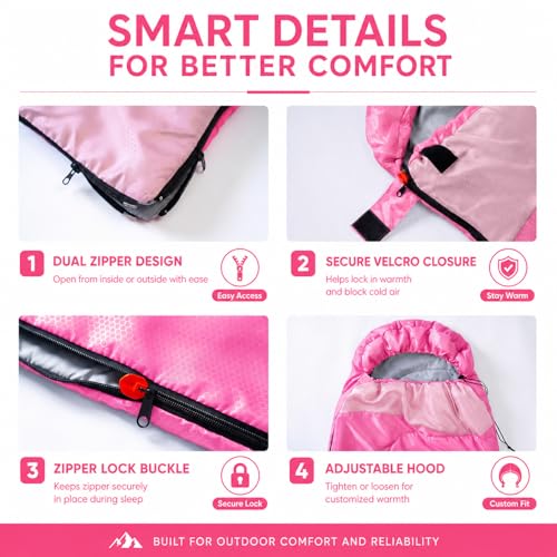 Pink Lightweight Camping Sleeping Bag 4.4lb for Adults & Kids - 32°F–65°F