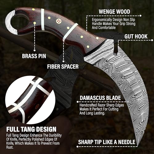 RC Damascus Hunting Knife with Leather Sheath - Full Tang Fixed Blade, 9 Inch Outdoor Survival Knife for Men