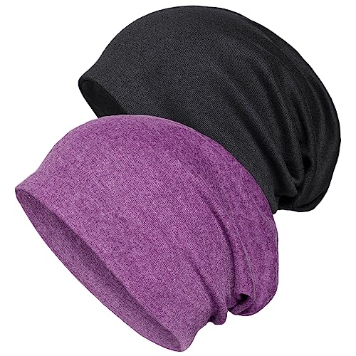 Slouchy Cotton Beanie Hat - Lightweight Unisex Skull Cap - Large Black Purple