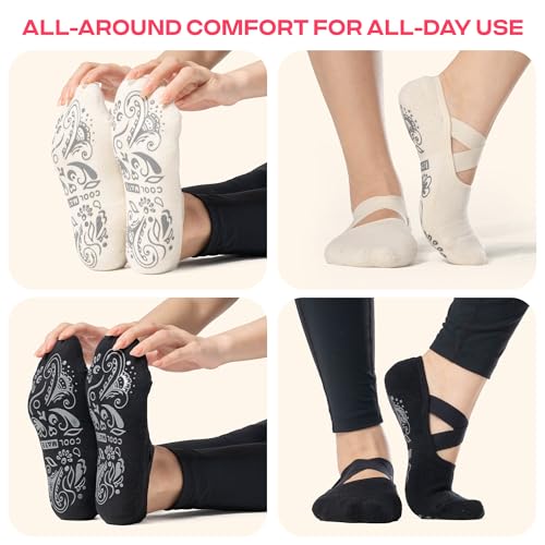 Pilates Socks with Grips for Women - Non-Slip, 2 Pairs Black/Beige