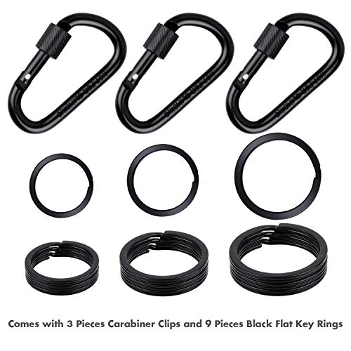 Locking Carabiner D-Ring Clips with Flat Key Rings - 3 Carabiners & 9 Keyrings