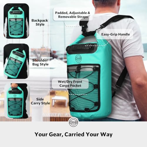STOVER 25L Waterproof Dry Backpack with Phone Case - Teal, Floating, Heavy-Duty for Kayaking, Hiking, Camping
