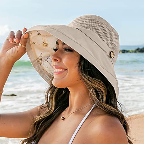 Women's Mesh Sun Hat - Foldable Beach Bucket Cap with UV Protection - Medium Beige