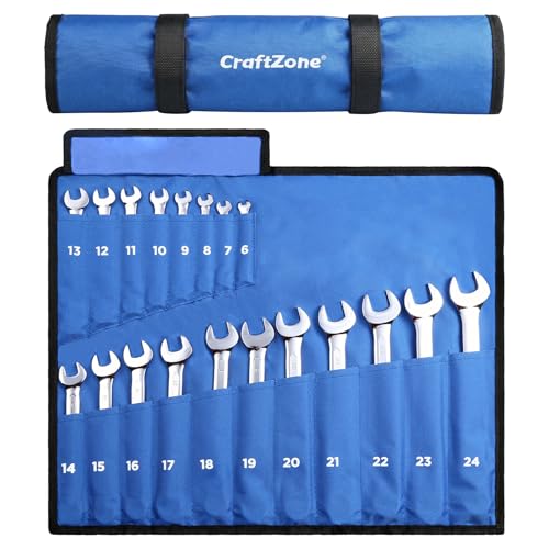 CRAFTZONE 19-Piece Metric Combination Wrench Set with Fixed Ratchet & Roll-Up Pouch