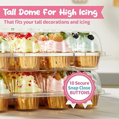 Gencywe Stackable Cupcake Carrier Set with 240 Liners - Food Grade Plastic, Tall Dome Lid, 24 Cupcakes