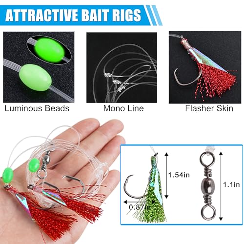 FUSIGO 5-Pack Saltwater Fishing Bait Rigs with Glow-in-Dark Fish Skin & Monofilament Leader