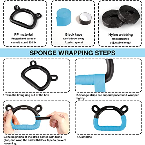 Kids Gymnastics Rings Blue-1 for Indoor & Outdoor Exercise, Adjustable Straps, 220lb Load Capacity