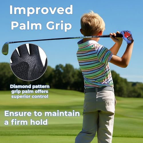 AIGEVTURE Kids Golf Gloves Left Hand Blue & Black M (Ages 5-7) - Youth Superhero Grip, Breathable & Durable Golf Accessory