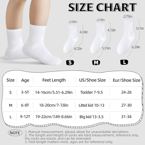 Kids Socks Boys Girls Athletic Crew, Seamless Toe, Cotton, 6 Pairs