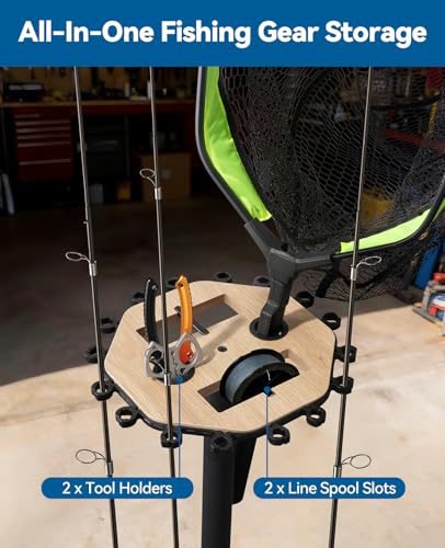 KEXMO Natural Wood Grain Fishing Rod Holder Rack with Wheels, 16-Rod Storage