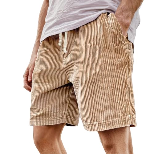 Men's Casual Corduroy Shorts - 7 Inch Drawstring, Khaki, Small