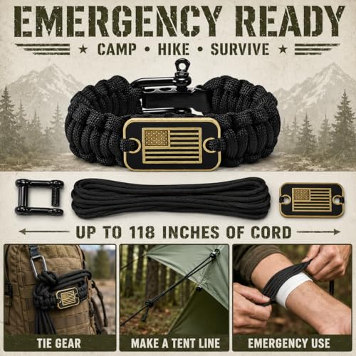 Adjustable Paracord Bracelet for Men - Bronze USA Flag - Black / M (8.2-9.2in)