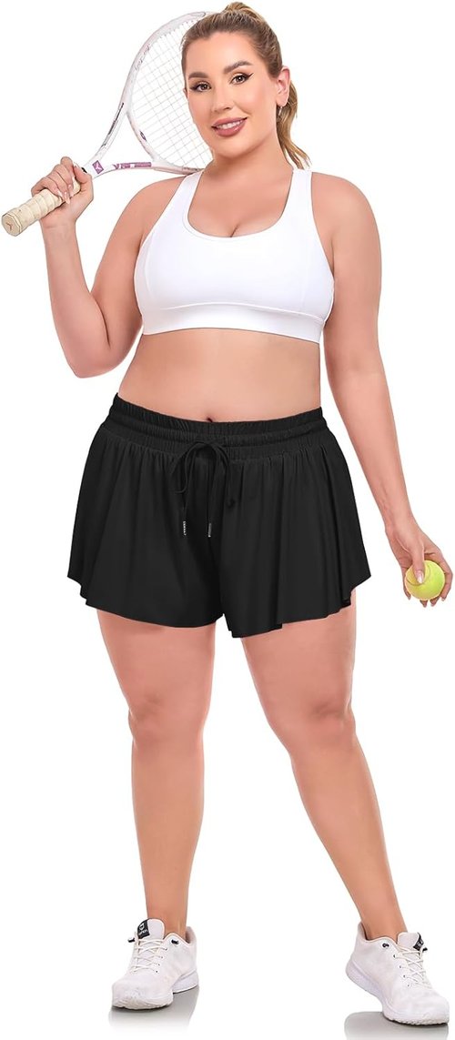 COOTRY Plus Size Flowy Athletic Shorts - 2-in-1 High Waist Butterfly Design for Summer Workouts