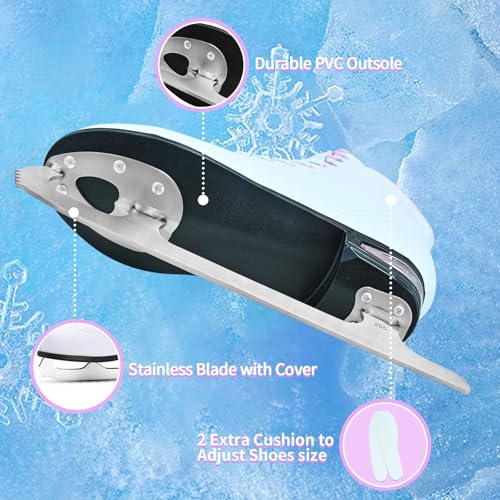 WELLWON Women's Ice Skates with Air Cushion, Classic White Figure Skating Shoes Size 5-10.5, Indoor & Outdoor Use