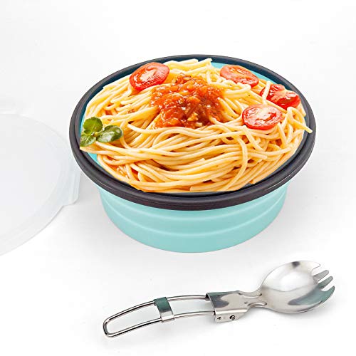 CCyanzi Blue 1200ml Collapsible Camping Bowl with Lid + Foldable Stainless Steel Fork & Spoon