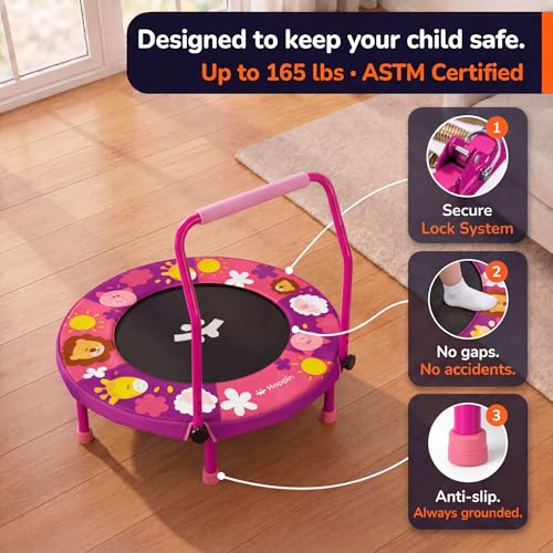 Toddler Trampoline Indoor 36'' - Foldable Mini Trampoline for Kids, Adjustable Handle, ASTM Certified, Purple & Coral
