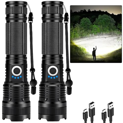 Rechargeable 99,000 High Lumens Flashlight - 2Pack Bright LED Flash Light with 5 Modes, Powerful Waterproof Handheld Lintera for Camping Home (L-2P)
