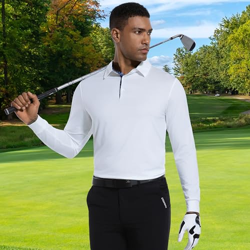 Men's Long Sleeve Polo Shirt - White, X-Large, Dry Fit Performance Golf Polo