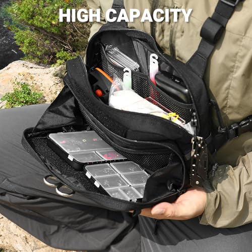 VOTAGOO Black Fishing Chest Pack with Tackle and Fly Boxes for Men & Women