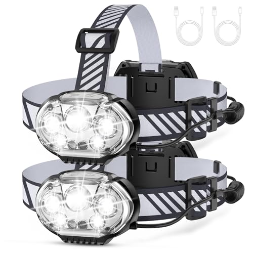 Rechargeable Headlamp, High Lumen 5 LED Head Lamp with Red White Light,IPX4 Waterproof Headlight,8 Mode Head Flashlight for Outdoor Running Hunting Fishing Hiking Camping Gear-2Pack